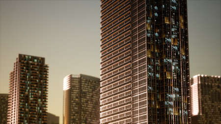 sunset aerial shot of skyscrapers of business centre