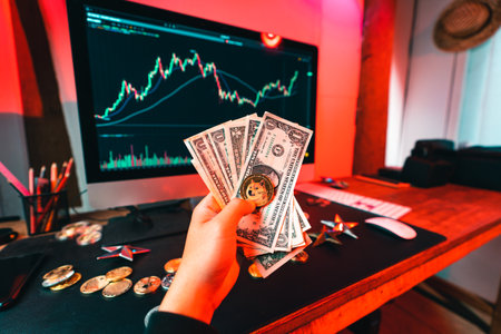 Crypto coins and money on the desktop and investmentsの写真素材