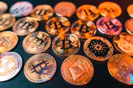Crypto coins and money on the desktop and investments