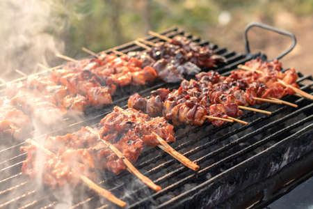 Close-up picture of grilled chicken skewers on an old iron grill and charcoal stove causing smoke, which is commonly seen in the Thai countryside.の写真素材