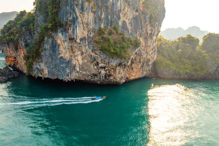 Sea views and rocky islands with a long-tail boat.form above in krabiの写真素材