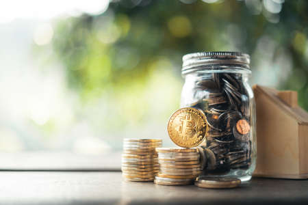 save money concept ,money coin and bit coin on wooden table