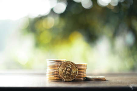 save money concept ,money coin and bit coin on wooden table