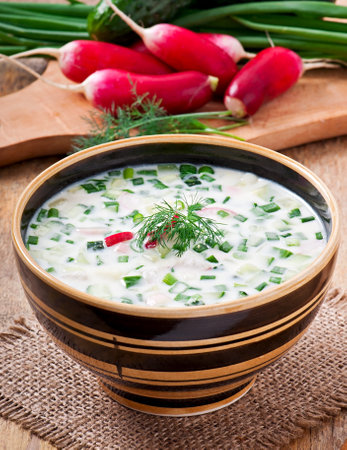 Cold vegetable kefir soup with eggs and greensの写真素材