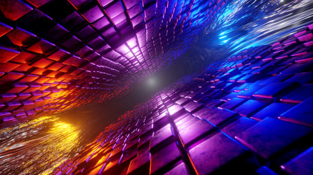 3d rendering abstract glow cube square dot shape grid flow wave pattern abstract black background