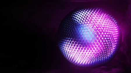 3D rendering hexagon grid sphere with glow edge color in darkroom abstract illustrationの写真素材