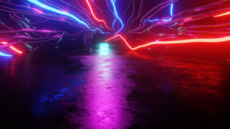 3d rendering dynamic light motion, light lines, high speed effect, motion light effect motion, cyberpunk neon abstract background.の写真素材