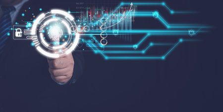 Businessman using the thumb to scan fingerprint for login processing biometric identification....