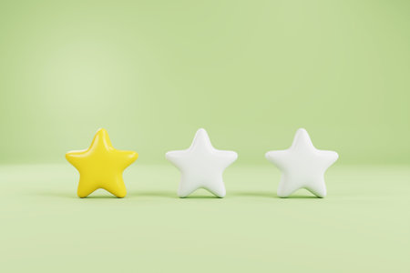 3d review rating stars for best excellent services rating for satisfaction. Achievements for games. Customer rating feedback concept from client about employee of website. 3d renderingの写真素材