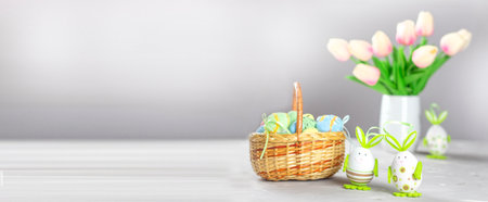 Easter background. Easter flowers. happy easter banner. Tulips. Easter. Banner. copy spaceの写真素材