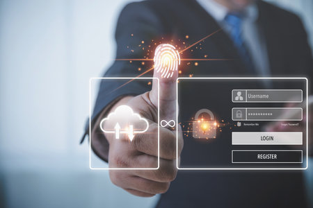 Cyber security login by password concept. User login identification personal information for the security of privacy protection data. Use password input login. Businessman touching on virtual screen.の写真素材