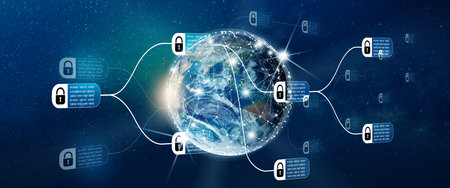Network of encrypted chain of transaction block linked around planet Earth. Blockchain technology...