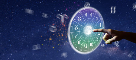 Astrological zodiac signs inside of horoscope circle. Astrology, knowledge of stars in the sky over the milky way and moon. The power of the universe concept.の写真素材