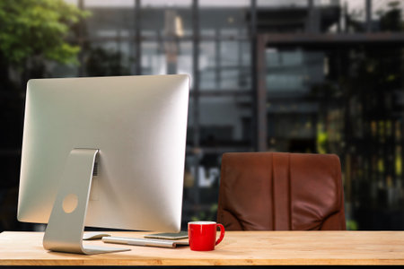 Computer Monitor, Keyboard, coffee cup smartphone, tablet, and Mouse with Blank or White Screen...