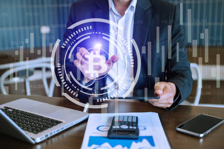 Cryptocurrency graph on virtual screen. Business, Finance and Bitcoin, Ethereum at office technology...