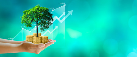 Hand holding Growing tree on coins with stock graph over Green background. Saving ecology, csr green business, business ethics, good governance, investment ideas, and business growth Concept.の写真素材