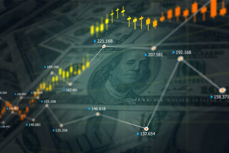 Double Exposure of Stock Market Graph and Dollar Bill. Business investment and trading concept.の写真素材