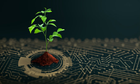 Growing tree with soil on the converging point of computer circuit board. Nature with Digital...