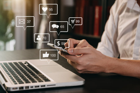 Social media and Marketing virtual icons screen concept.close up of businesswoman typing keyboard...