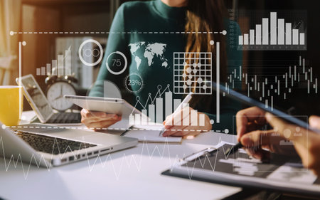 Intelligence (BI) and business analytics with key performance indicators dashboard concept. Two...