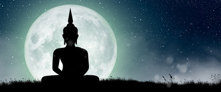 Silhouette of Buddha mediating with Full moon light at night. Magha Puja, Asanha Puja, and Visakha Puja Day. Buddhist holiday Concept.の写真素材