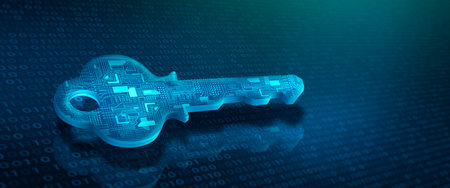 Digital key in technology background. Security or Private Key protecting data personal information....