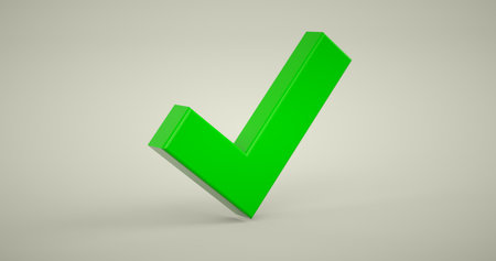 3d green checkmark or tick over white background with realistic shadow. 3D rendering.の写真素材