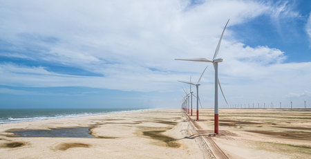 Wind turbins producing aeolian energy. Great concept of renewable, sustainable energy.の写真素材