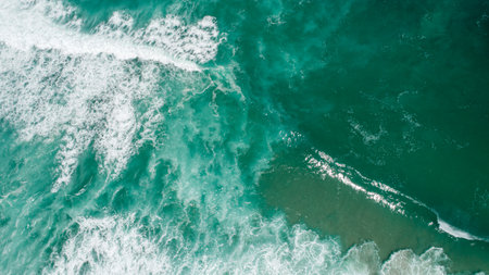 Top View texture Waves, Foaming and Splashing in the Ocean, Sunny Day