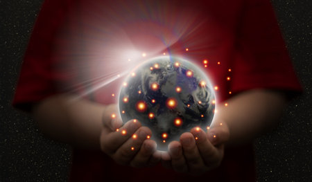 kid hand hold eco planet earth for global worldwide protect nature