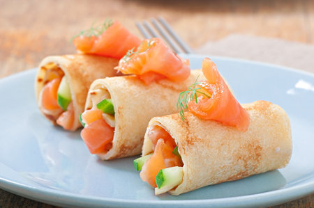 Kegs pancakes with red fishの写真素材
