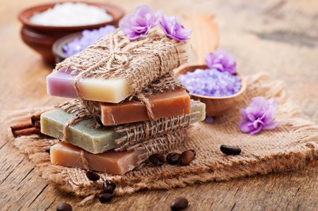 Natural soap on wooden backgroundの写真素材