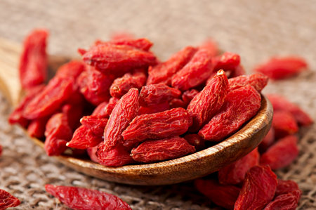 Red dried goji berries in wooden spoonの写真素材
