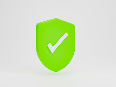 3d render 3d illustration. Checkmark icon on guard shield protection symbol on white background. safety minimal concept.の写真素材