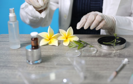 Biochemistry specialist experiment on Natural organic botany and scientific glassware, Alternative...