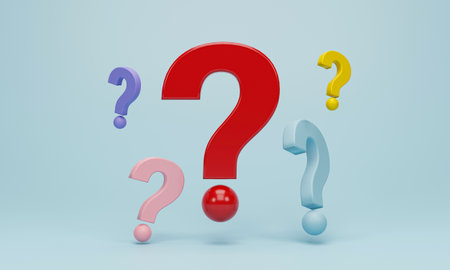 3D Rendering, 3d illustration. Group of colorful question marks on blue pastel background. FAQ and QA concept.の写真素材