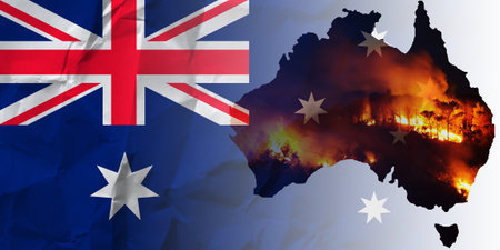 Australia silhouette representing wildfires.Environmental disaster, Forest fireの写真素材