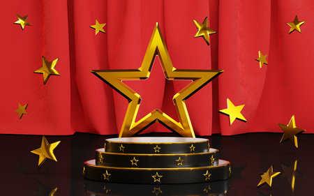 Black podium and gold star pattern with big gold star on red curtain. Award podium star gold. contest stage.の写真素材