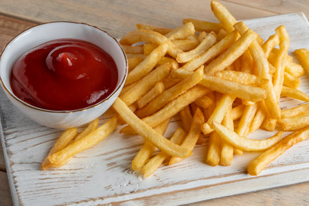 Hot golden french fries with ketchup on wooden background. Tasty american fast food.