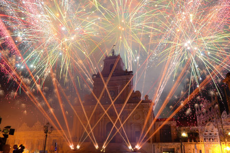 fireworks in front of the basilica of San Sebastiano in Palazzolo Acreide, Sicilyの写真素材