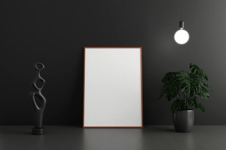 Minimalist and clean vertical wooden poster or photo frame mockup on the floor leaning against the dark room wall with pots and decorationの写真素材