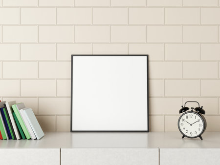 Minimalist square black poster or photo frame mockup on the desk with books and alarm in room. 3D Rendering.の写真素材