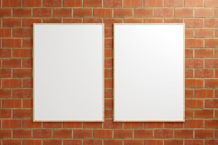 Minimalist hanging vertical wooden poster or photo frame mockup in brick wall. 3D Rendering.の写真素材