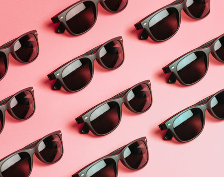 Pattern of sunglasses over a pastel pink background with copy space minimal conceptの写真素材