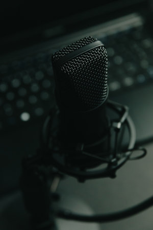Close up mock up of a streaming microphone with a laptop with copy space, technology streaming,...