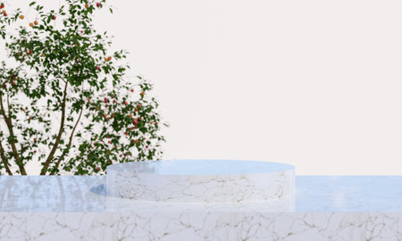 marble product display podium with blurred nature leaves background. 3D renderingの写真素材
