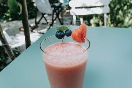 A refreshing drink for summer over a blue table, relax and drinks conceptの写真素材