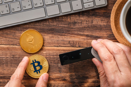 hand holding hardware wallet and transfer bitcoin and ethereum crypto currency to wallet for safetyの写真素材