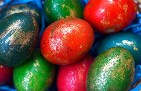 Colorful Easter eggs, decorated with goldの写真素材