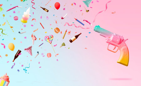 Party background with colorful gun, shooting confetti, streamers, candles and decoration on pink...